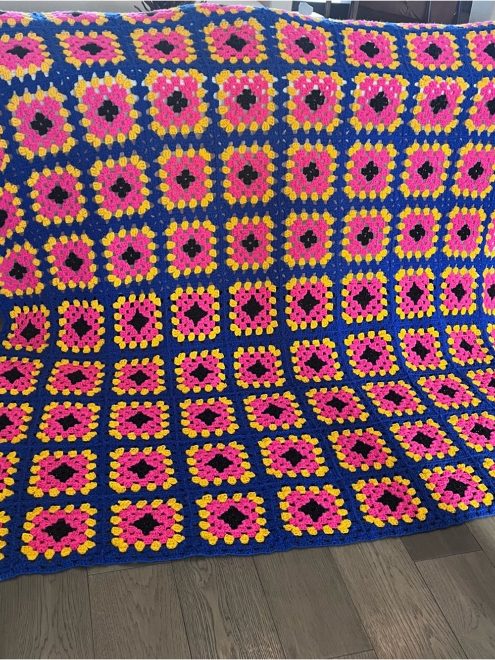 Handmade Crochet Granny Square Blanket | Bold Pink Yellow Blue | 78” x 78”